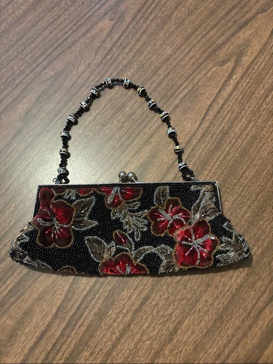 Leko Vintage Style Beaded Evening Clutch Purse Red Velvet - Picture 2 of 3